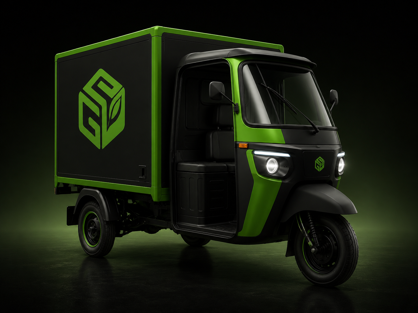 GreenDriveDelivery electric three-wheeler cargo auto with GDD logo