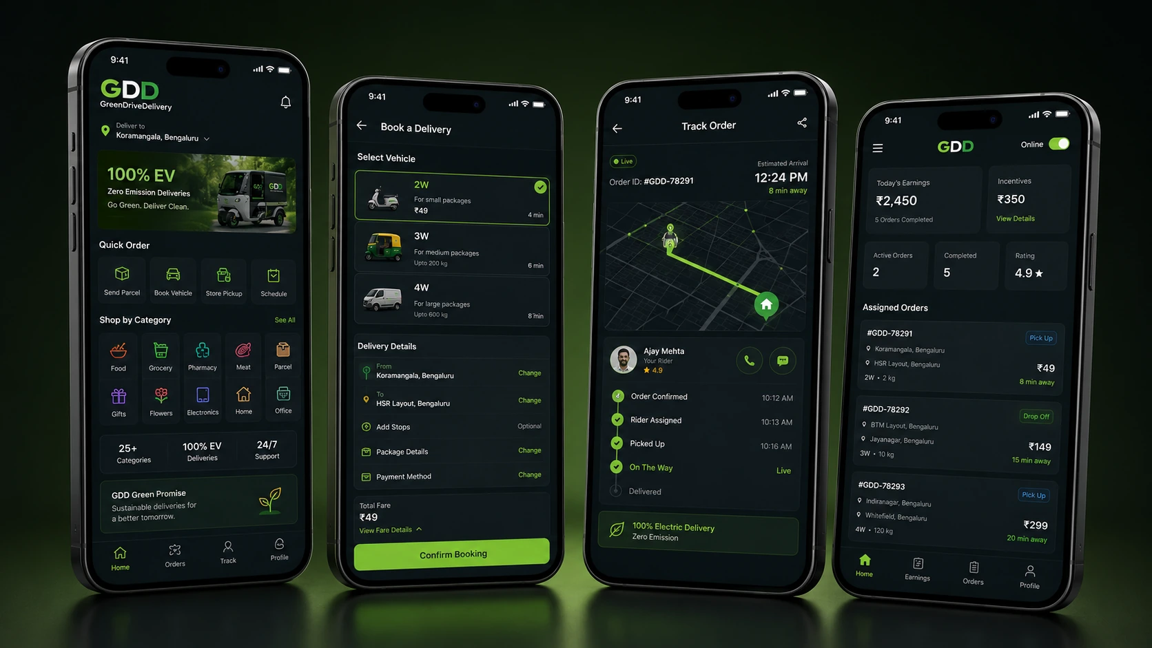 GreenDriveDelivery customer and rider mobile app mockups
